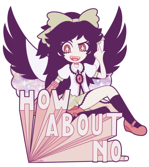+_+, 1girl, arm_cannon, artist_name, black_hair, black_legwear, black_wings, cape, english, full_body, hair_ornament, hair_ribbon, kneehighs, long_hair, looking_at_viewer, mary_janes, nekozneko, open_mouth, pointing, ponytail, puffy_sleeves, red_eyes, reiuji_utsuho, ribbon, shirt, shoes, short_sleeves, simple_background, sitting, skirt, smirk, solo, text, third_eye, touhou, transparent_background, weapon, wings