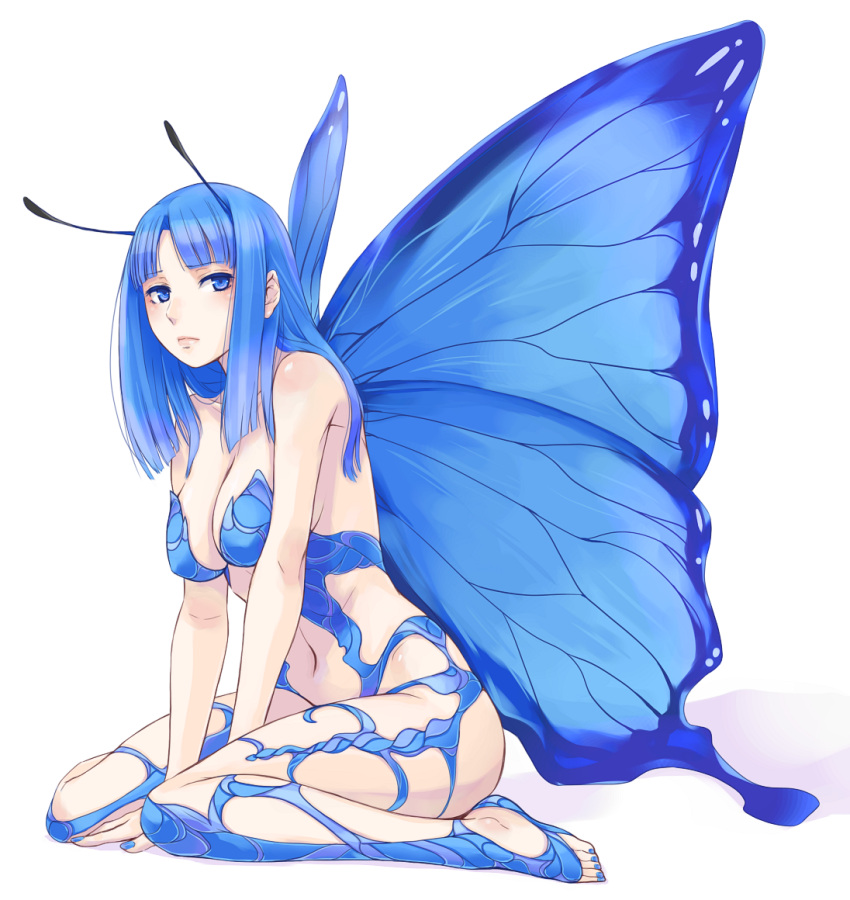 antennae, arm_support, bare_shoulders, blue_eyes, blue_hair, breasts, butterfly_wings, cleavage, feet, hime_cut, lips, long_hair, nail_polish, navel, original, saba_no_miso_ni, simple_background, sitting, toenail_polish, toes, white_background, wings
