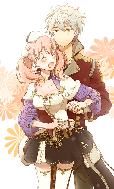 1boy, 1girl, atelier_(series), atelier_escha_&amp;_logy, black_skirt, choker, closed_eyes, escha_malier