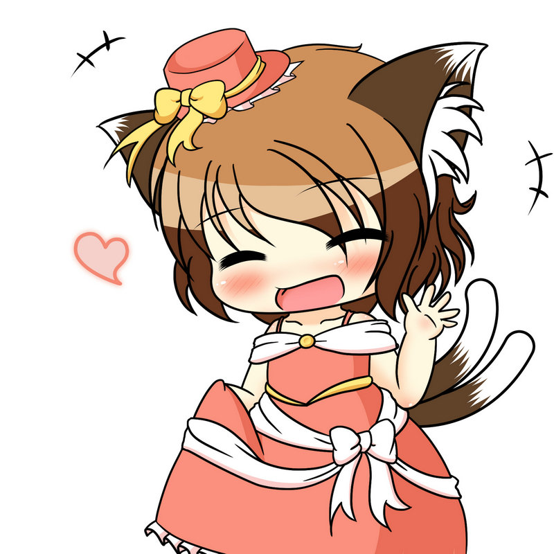 +++, 1girl, :d, ^_^, alternate_costume, animal_ears, brown_hair, cat_ears