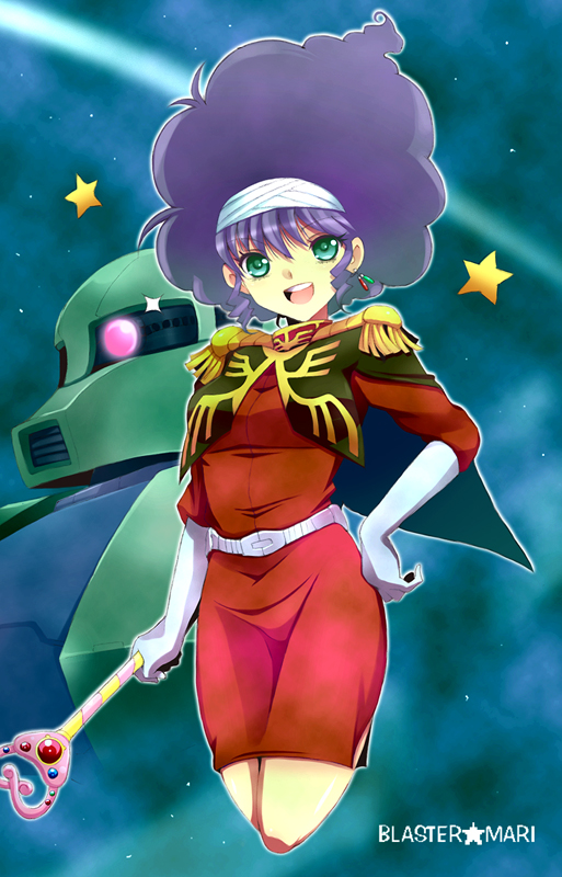 1girl, blaster_mari, blue_hair, green_eyes, gundam, kannagi_kaname, mahou_no_shoui_blaster_mari, mecha, military, military_uniform, science_fiction, smile, solo, star, uniform, zaku_i