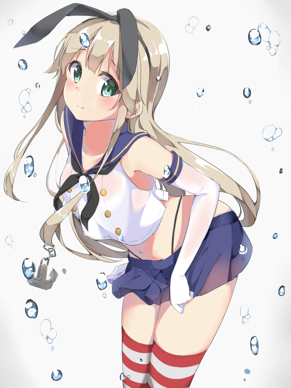 1girl, blonde_hair, blue_skirt, blush, chikuwa., elbow_gloves, gloves, green_eyes, hairband, kantai_collection, long_hair, looking_at_viewer, navel, shimakaze_(kantai_collection), skirt, solo, striped, striped_legwear, thigh-highs, white_gloves