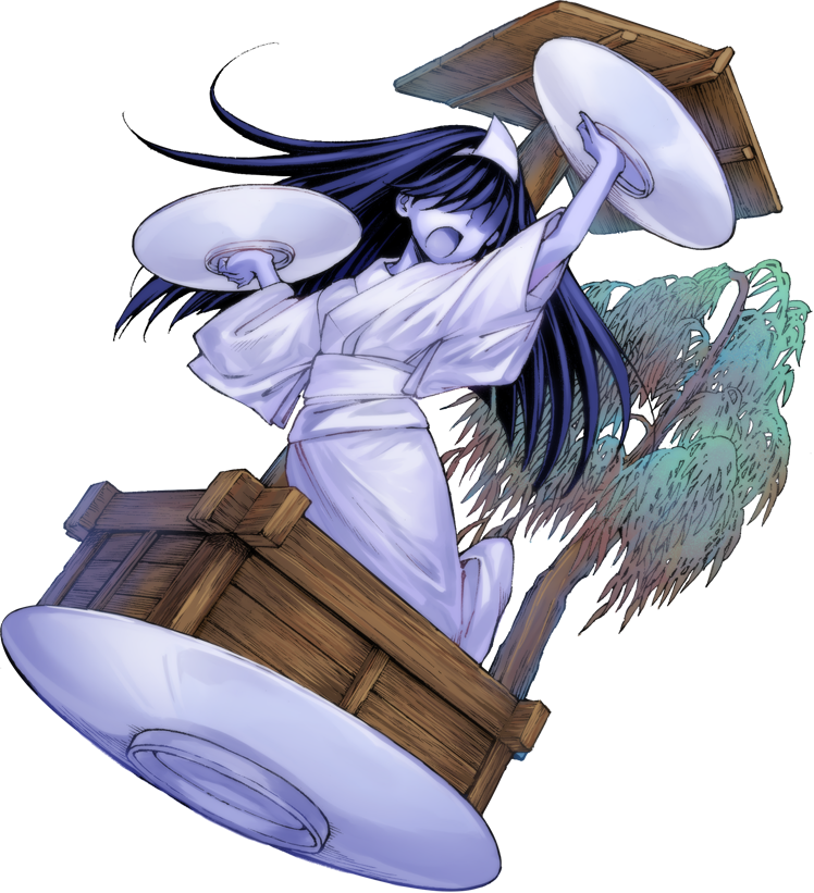 1girl, black_hair, harukawa_moe, long_hair, okiku, plate, touhou, transparent_background, triangular_headpiece, urban_legend_in_limbo