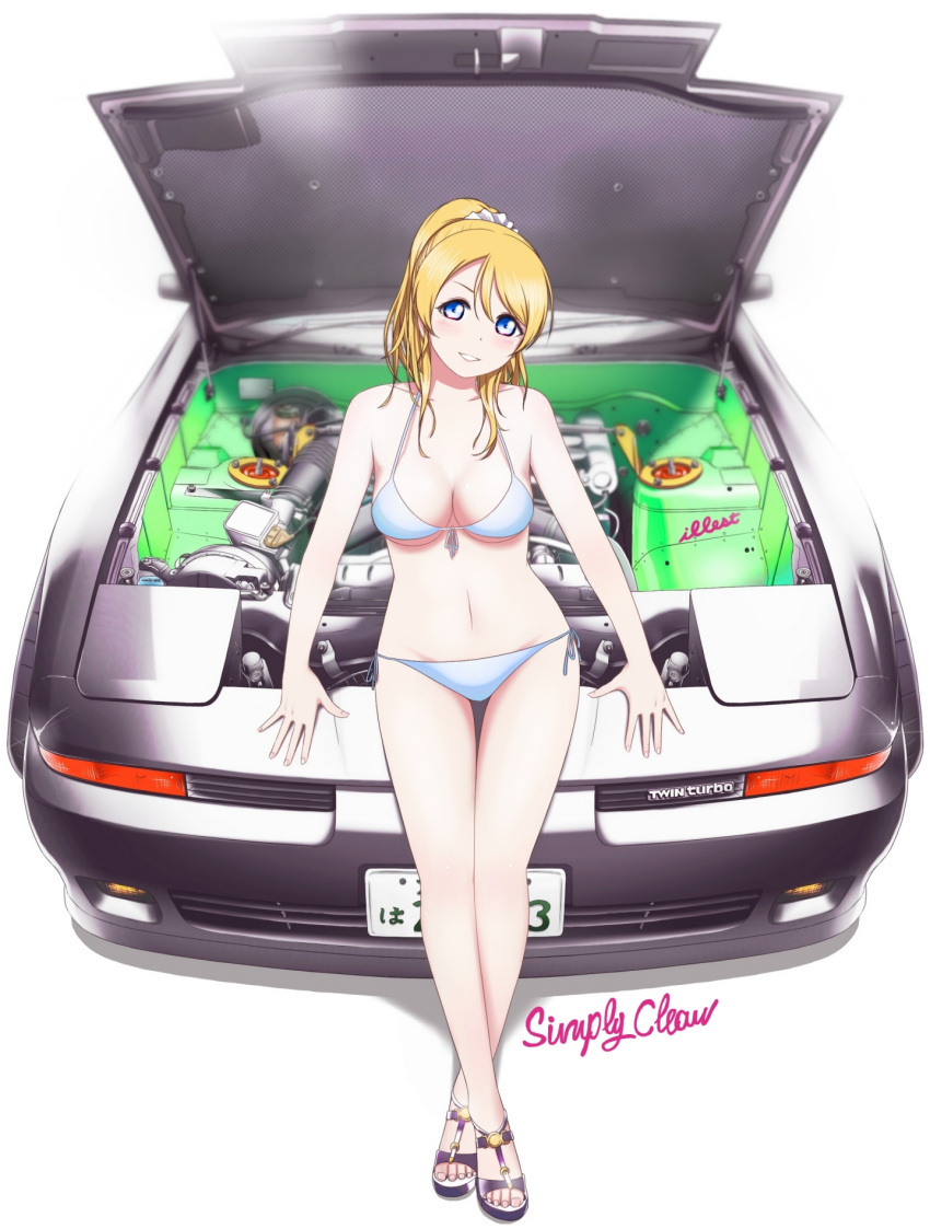 >:), 1girl, ayase_eli, bare_arms, bare_legs, bikini, blonde_hair, blue_eyes, car, front-tie_bikini, front-tie_top, grin, highres, looking_at_viewer, love_live!_school_idol_project, motor_vehicle, navel, ponytail, sandals, side-tie_bikini, sitting_on_car, smile, solo, sweeter_(h110111), swimsuit, toyota, toyota_supra, vehicle, white_bikini, white_swimsuit