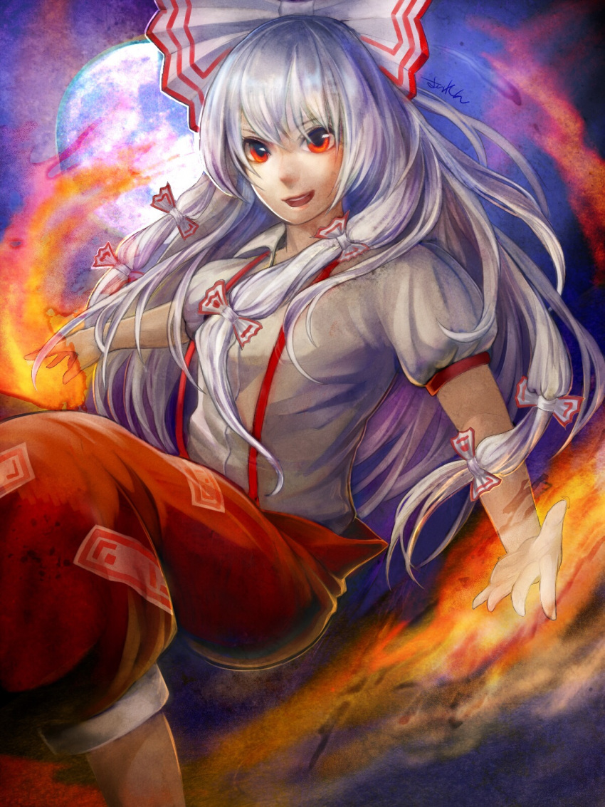 1girl, fujiwara_no_mokou, full_moon, hair_ribbon, highres, itotani_sairen, long_hair, looking_at_viewer, moon, open_mouth, red_eyes, red_pants, ribbon, short_sleeves, signature, silver_hair, solo, suspenders, touhou, tress_ribbon, white_hair