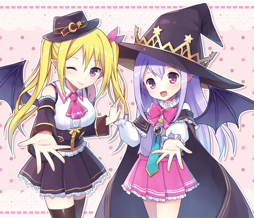 2girls, blonde_hair, detached_sleeves, hat, long_hair, mauve, multiple_girls, one_eye_closed
