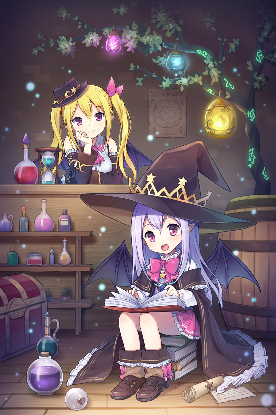2girls, blonde_hair, detached_sleeves, hat, highres, long_hair, mauve, multiple_girls