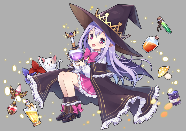 1girl, cat, hat, long_hair, mauve, pio_(potion_maker), pointy_ears, potion_maker