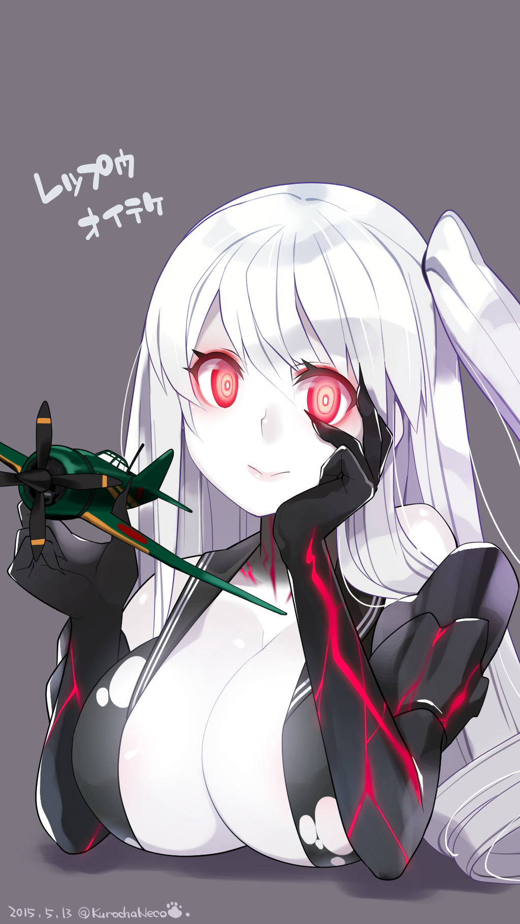 1girl, aircraft_carrier_hime, breasts, chin_rest, cleavage, dated, dress, fingernails