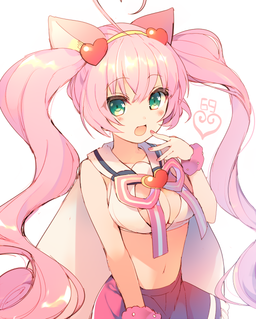 1girl, :d, ahoge, animal_ears, blush, breasts, cat_ears, cleavage, green_eyes, hairband, heart, heart_ahoge, long_hair, looking_at_viewer, mayachi_(amuriya), midriff, navel, open_mouth, pink_hair, rosia_(show_by_rock!!), show_by_rock!!, smile, solo, twintails
