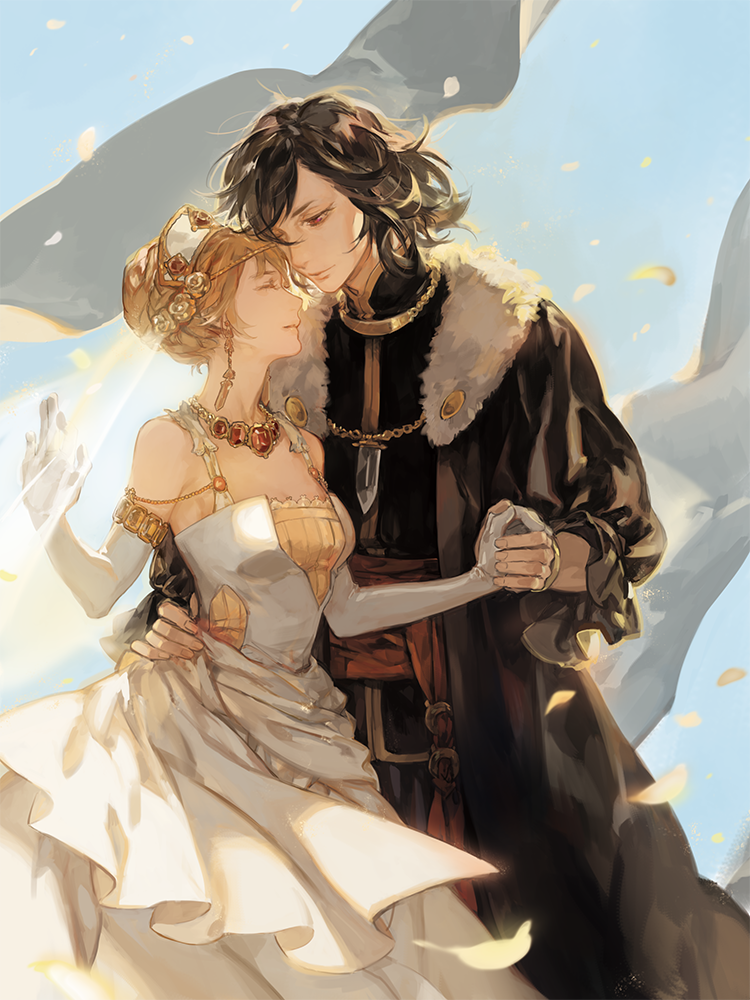 1boy, 1girl, black_hair, blonde_hair, character_request, closed_eyes, couple, dress