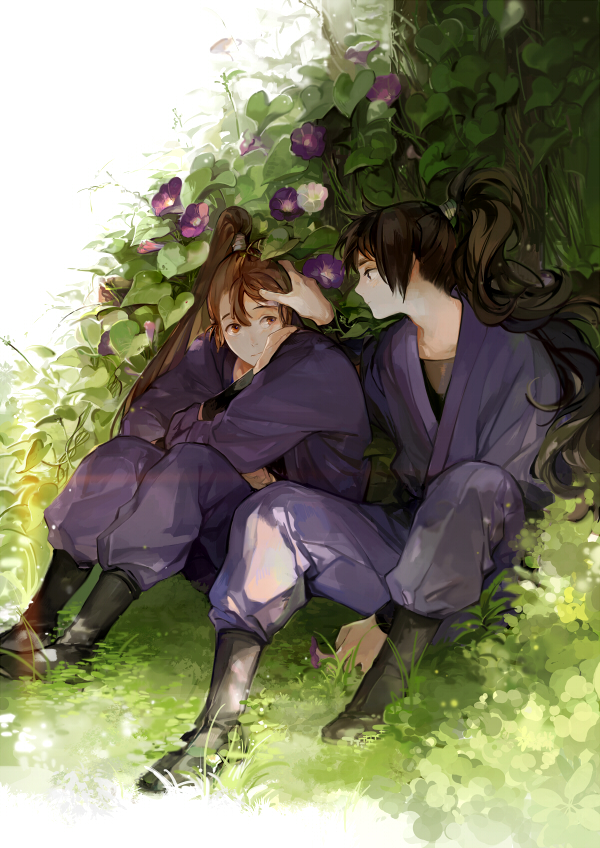 2boys, black_hair, brown_hair, eye_contact, flower, grass, hand_on_another's_head, japanese_clothes