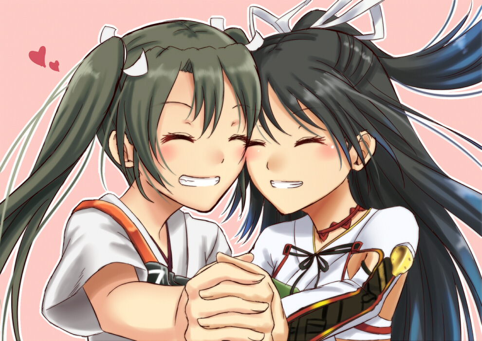 2girls, black_hair, cheek-to-cheek, closed_eyes, commentary_request, green_hair, hair_ribbon, hayate_(pixiv1185845)