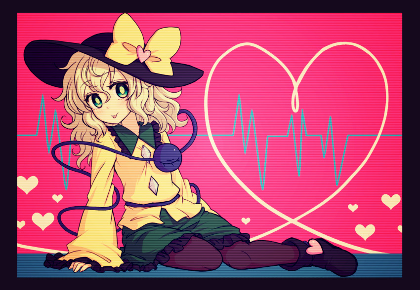 1girl, :p, arm_support, black_legwear, blouse, blush, boots, ekg