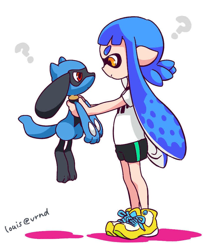 1girl, ?, animal_humanoid, anthro, blue_hair, carrying, cephalopod, cephalopod_humanoid, company_connection, crossover, humanoid, inkling, inkling_girl, kaori_(splatoon), mask_(marking), nintendo, pointy_ears, pokemon, pokemon_(creature), pseudo_hair, red_eyes, riolu, rui_(veranda), shoes, shorts, splatoon, splatoon_(series), squid, tentacle, tentacle_hair, twintails