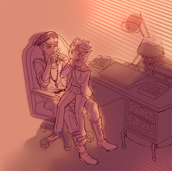 2boys, desk, earrings, gakuran, gradient, headband, hirose_kouichi, jewelry, jojo_no_kimyou_na_bouken, kishibe_rohan, lamp, multiple_boys, nashio, necklace, phone, school_uniform, short_hair, sitting, sitting_on_lap, sitting_on_person, table