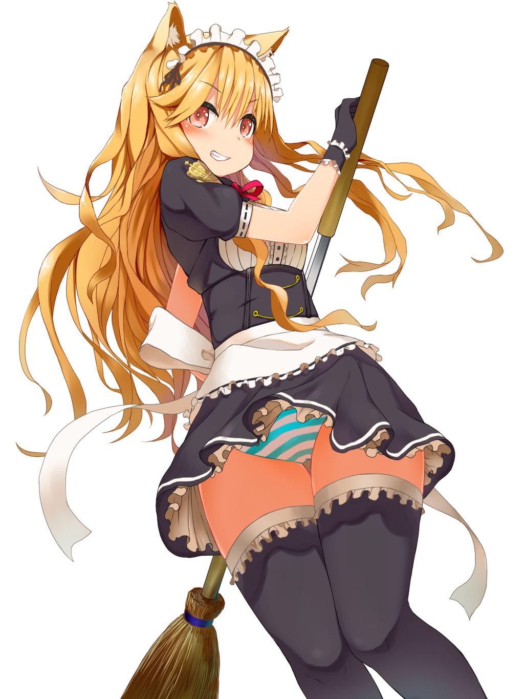 1girl, animal_ears, black_gloves, black_legwear, blonde_hair, blush, broom, frills