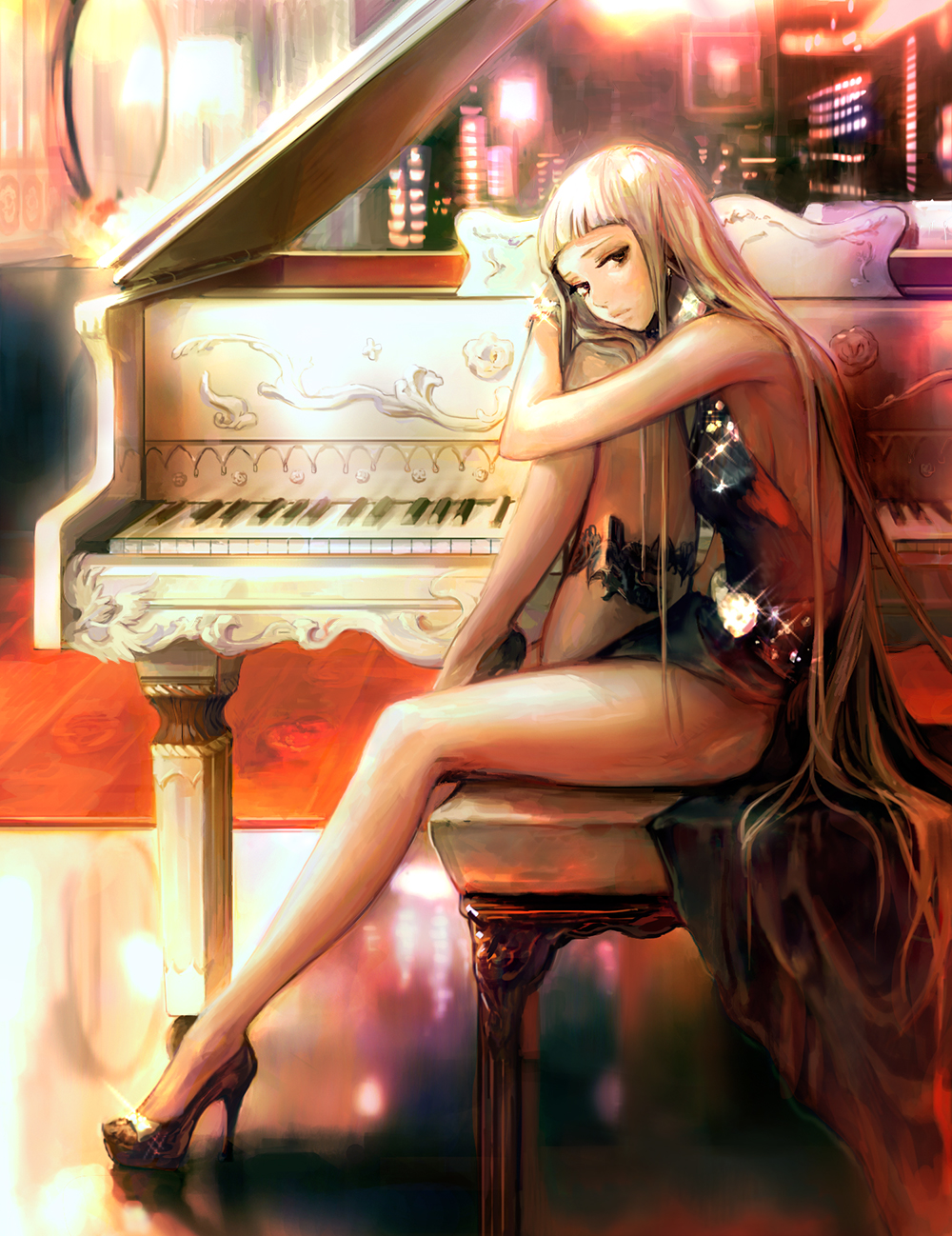 1girl, breasts, grand_piano, high_heels, highres, instrument, long_hair, looking_at_viewer