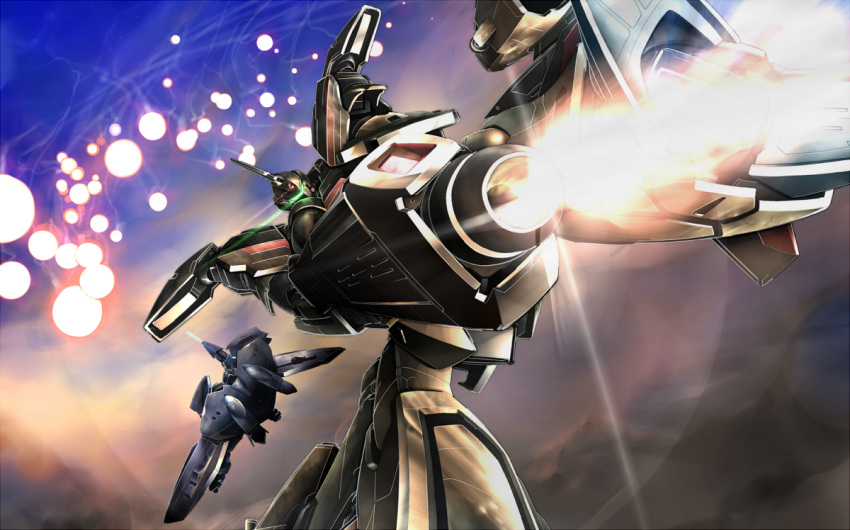 battle, clouds, dutch_angle, explosion, firing, flying, gomi_kushige, gunpod