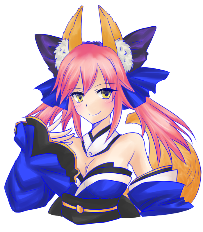 1girl, animal_ears, asuka_(aqua_space), bare_shoulders, blush, breasts, caster_(fate/extra), cleavage
