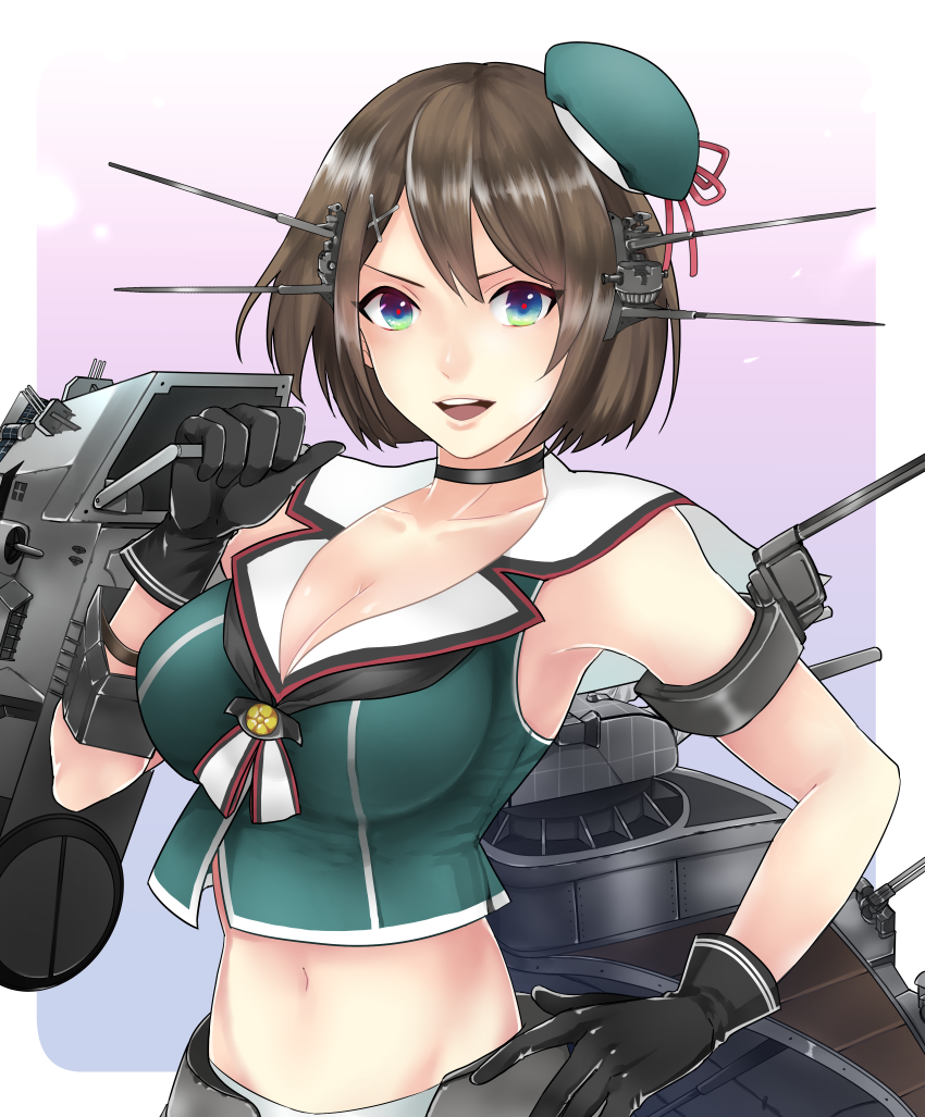 1girl, black_gloves, blue_eyes, breasts, brown_hair, choker, cleavage, gloves