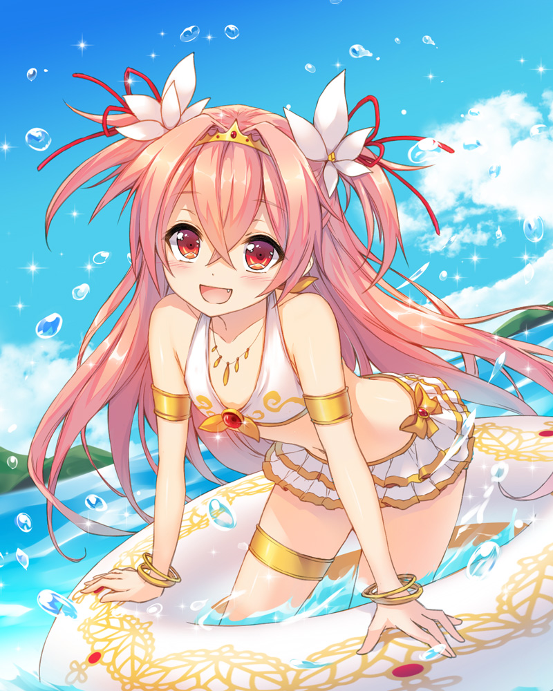 1girl, arm_strap, bikini, bikini_skirt, blue_sky, bracelet, clouds, collarbone