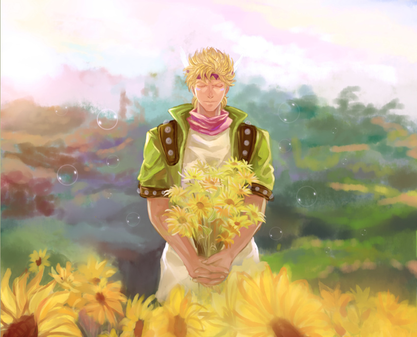 1boy, absurdres, blonde_hair, bouquet, bubble, caesar_anthonio_zeppeli, facial_mark, feathers