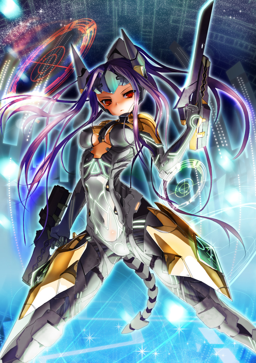 1girl, absurdres, abyss05, armor, bodysuit, breasts, center_opening, covered_navel