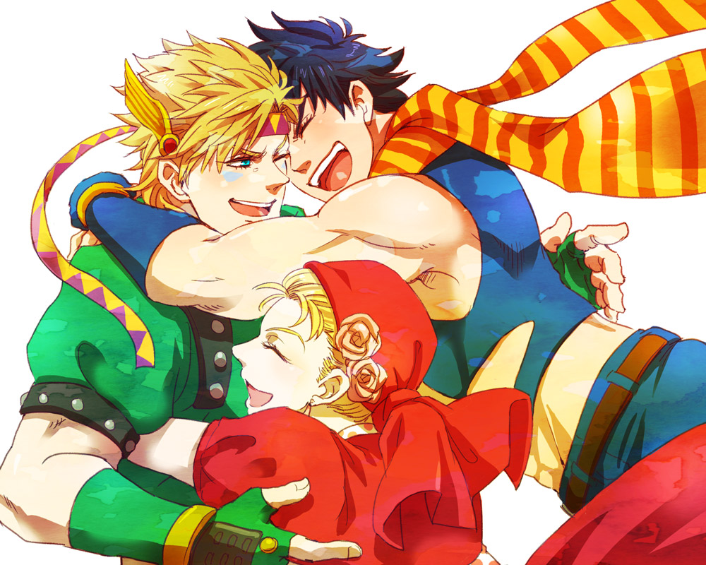 1girl, 2boys, bandana, blonde_hair, caesar_anthonio_zeppeli, hug, jojo_no_kimyou_na_bouken, joseph_joestar_(young)