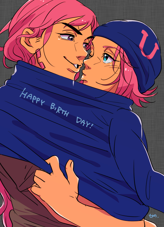 2boys, blue_eyes, gyro_zeppeli, hat, johnny_joestar, jojo_no_kimyou_na_bouken, multiple_boys, pink_hair