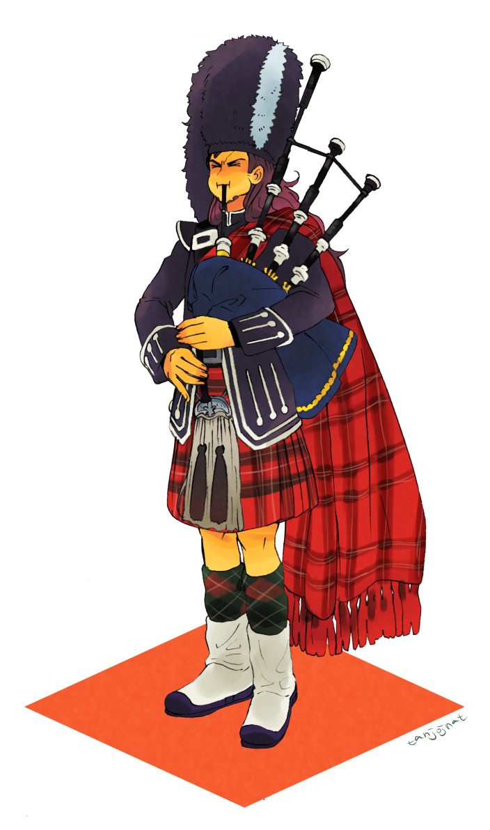 >_<, 1boy, bagpipes, gyro_zeppeli, hat, jojo_no_kimyou_na_bouken, kilt, plaid