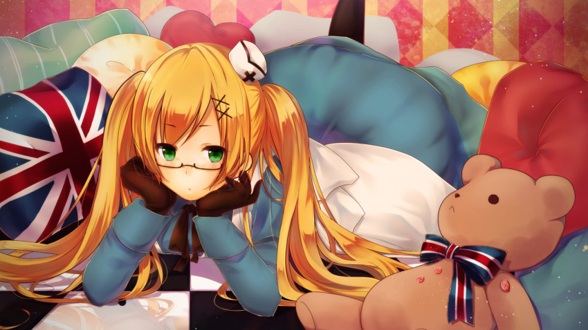 1girl, apron, axis_powers_hetalia, black-framed_glasses, black_gloves, black_legwear, black_ribbon, blonde_hair
