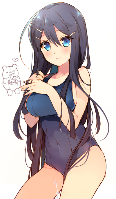 blue_ahir, blue_eyes, blush, dangan_ronpa, hair_pins, long_hair, maizono_sayaka, smile, swimsuit