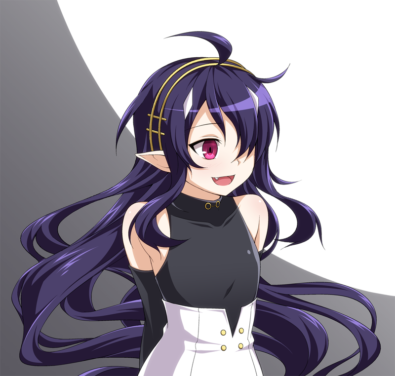 1girl, ahoge, ashuramaru, bare_shoulders, blue_hair, fang, hair_over_one_eye, long_hair, negativezone649_(kyuutouryuu), owari_no_seraph, pink_eyes, pointy_ears, smile, solo