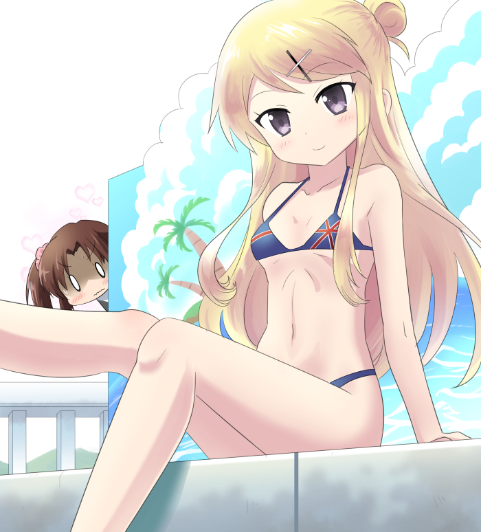 05_(passelclow), 2girls, bikini, blonde_hair, brown_hair, hair_bun, hair_ornament, hairclip