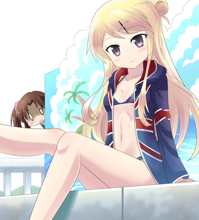 05_(passelclow), 2girls, bikini, blonde_hair, brown_hair, hair_bun, hair_ornament, hairclip