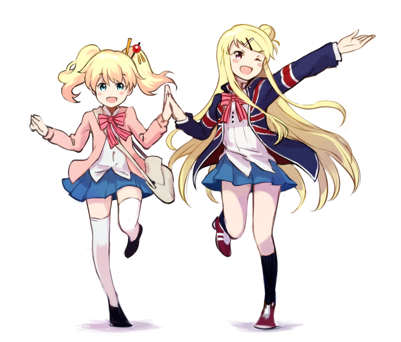 2girls, alice_cartelet, blonde_hair, blue_eyes, hair_bun, hair_ornament, hairclip, kanae_(hotta0622kanae)