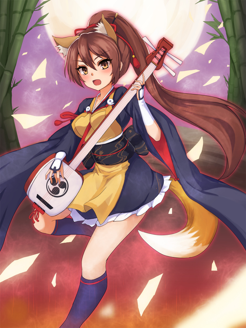 1girl, a_(show_by_rock!!), animal_ears, brown_eyes, brown_hair, eruthika, fox_ears, fox_tail