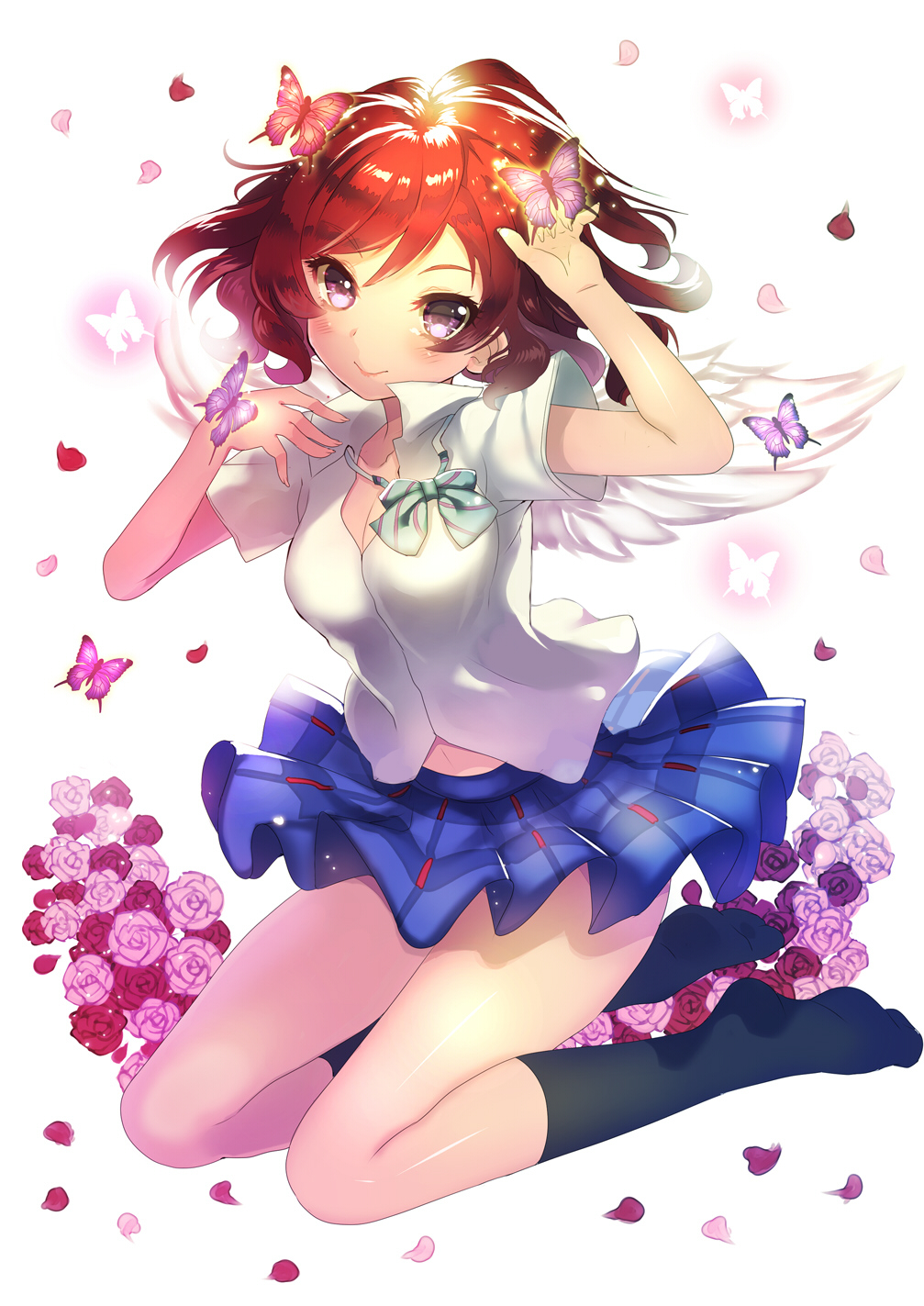 1girl, angel_wings, butterfly, highres, hikari_no, love_live!_school_idol_project, nishikino_maki, redhead