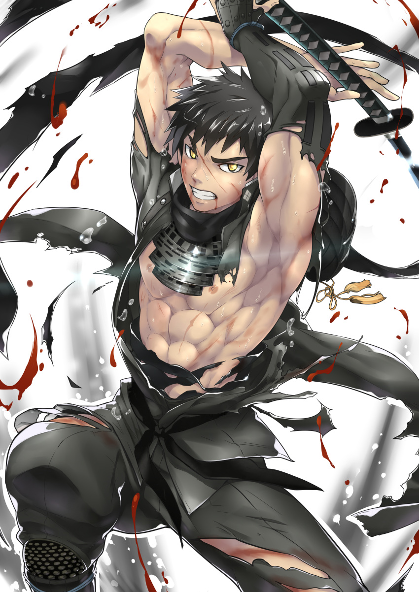 1boy, abs, absurdres, black_hair, blood, clenched_teeth, doutanuki_masakuni, highres