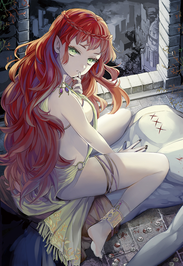 1girl, anklet, barefoot, breasts, brown_hair, faceless, faceless_male, green_eyes, jewelry, long_hair, original, rinhachi, sideboob, solo_focus