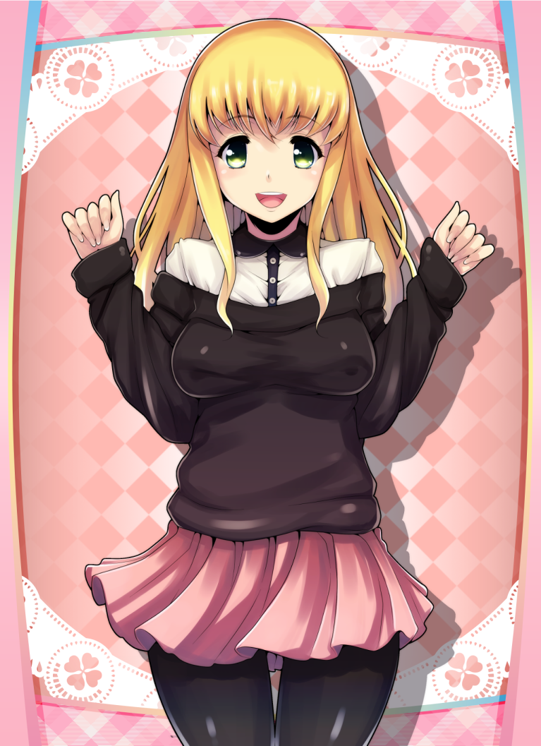 1girl, blonde_hair, breasts, green_eyes, hiromin, long_hair, looking_at_viewer, smile