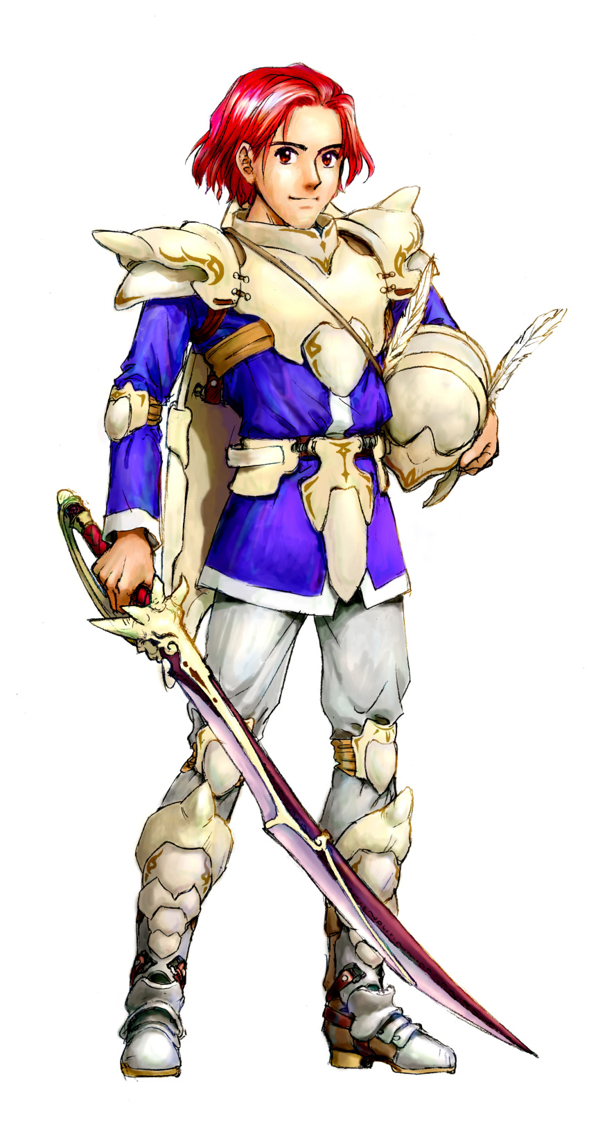 1boy, absurdres, armor, artist_request, belt, full_body, headwear_removed, helmet, helmet_removed, highres, holding, lufia:_the_legend_returns, male_focus, official_art, red_eyes, redhead, smile, solo, standing, sword, tunic, wain, weapon, white_background