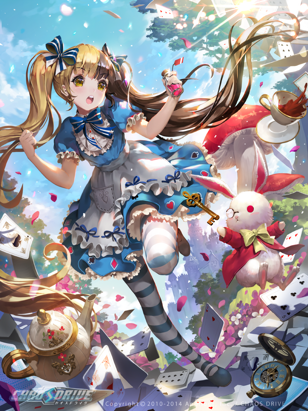 1girl, :o, alice_(wonderland), alice_in_wonderland, apron, bangs, blonde_hair, blue_dress