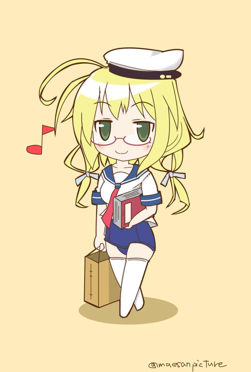 1girl, alternate_costume, bag, blonde_hair, book, glasses, green_eyes, hair_ribbon