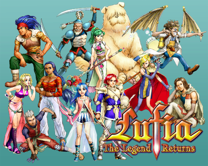 5girls, 6+boys, aima_(lufia), aqua_background, armor, artist_request, boots, cape
