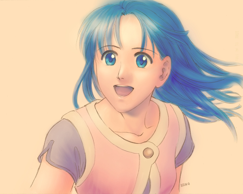 1girl, :d, artist_request, bangs, blue_eyes, blue_hair, floating_hair, long_hair