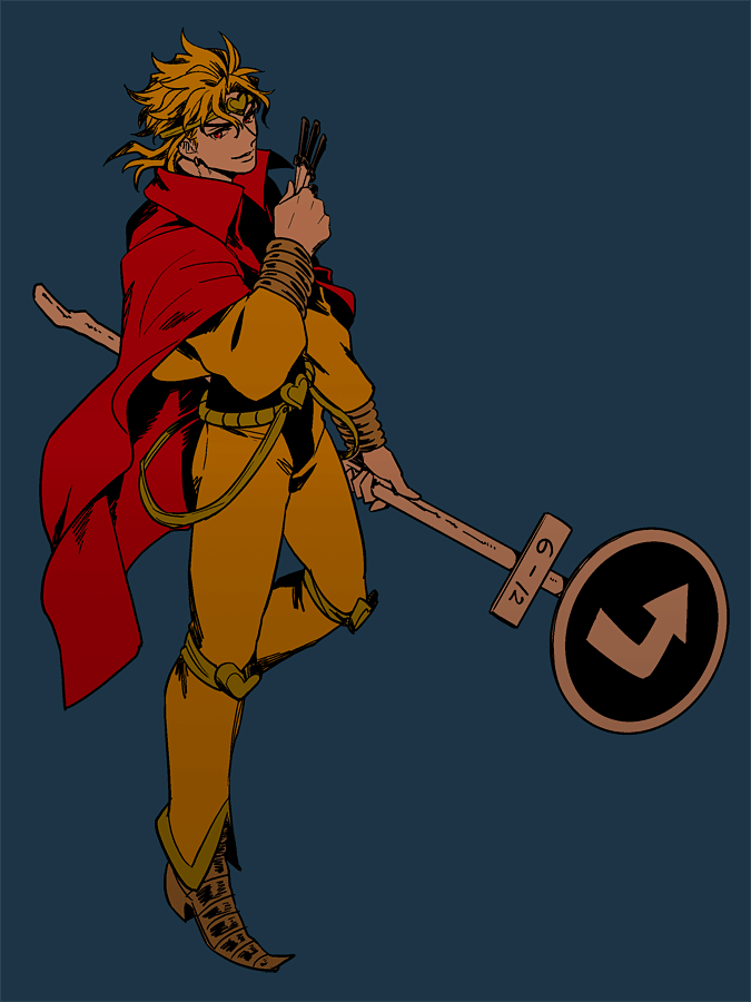 1boy, blonde_hair, cape, dio_brando, jacket, jojo_no_kimyou_na_bouken, kbs, sign, solo, yellow_jacket