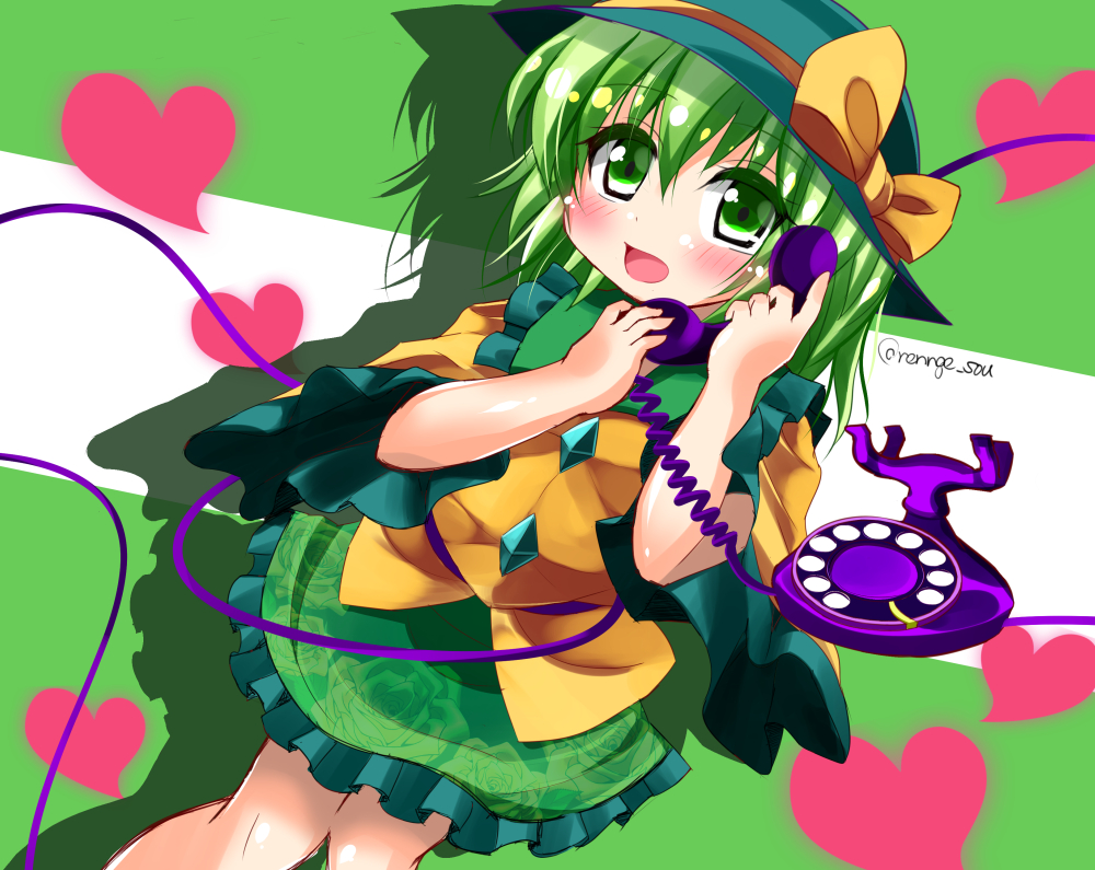 1girl, blush, bow, green_eyes, green_hair, hat, hat_bow, heart, komeiji_koishi, miwatari_renge, open_mouth, phone, sash, solo, touhou, wide_sleeves