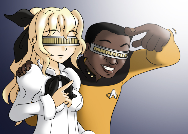 blind, blonde_hair, bow, crossover, geordi_la_forge, geordi_laforge, gradient, gradient_background, katawa_shoujo, meme, mugenjohncel, parody, ponytail, puffy_sleeves, satou_lilly, school_uniform, smile, star_trek, star_trek:_the_next_generation, star_trek_the_next_generation, visor